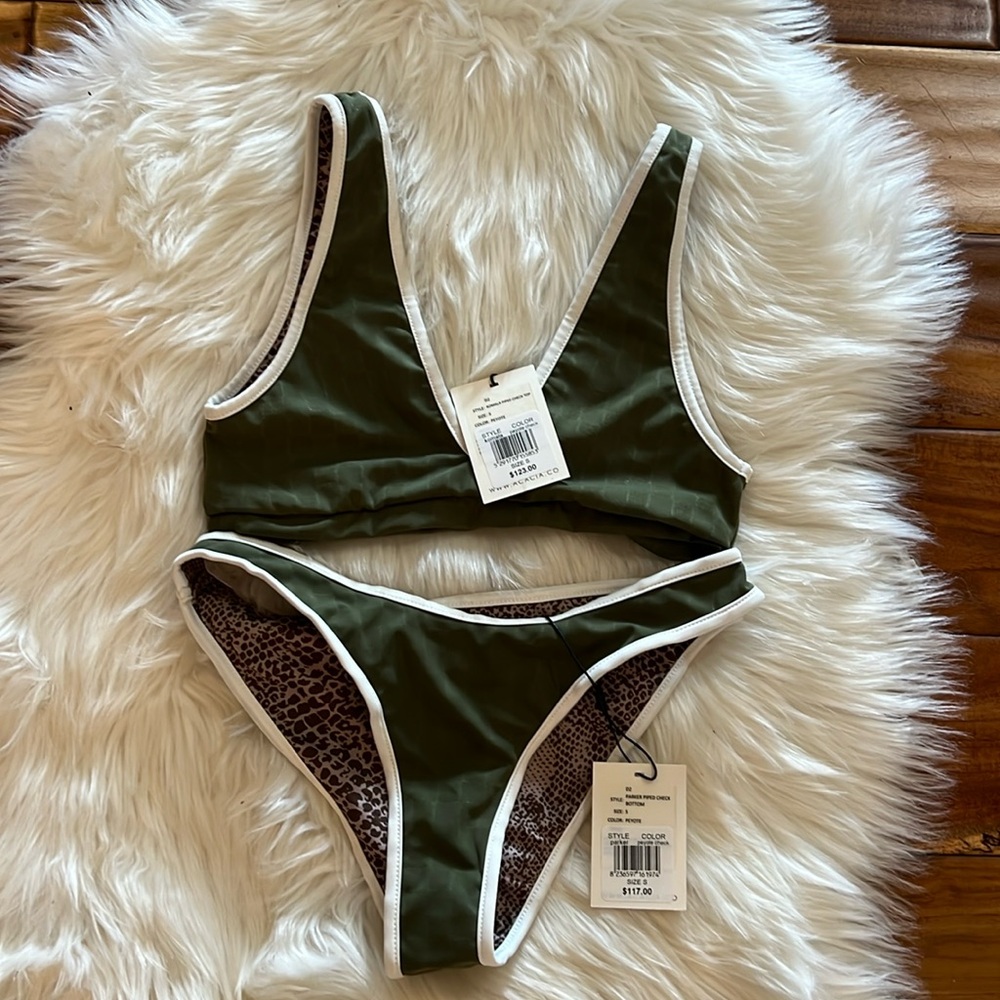 acacia swimwear Olive Green Bikini with White Trim